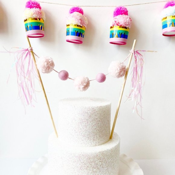 Pastel Pink Pom Pom Felt Ball Cake Topper, Birthday Cake Topper for Girls Decor - Picture 3 of 5